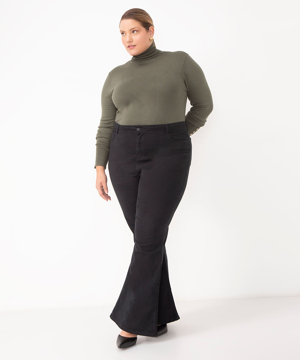 calça flare de sarja cintura alta plus size preta