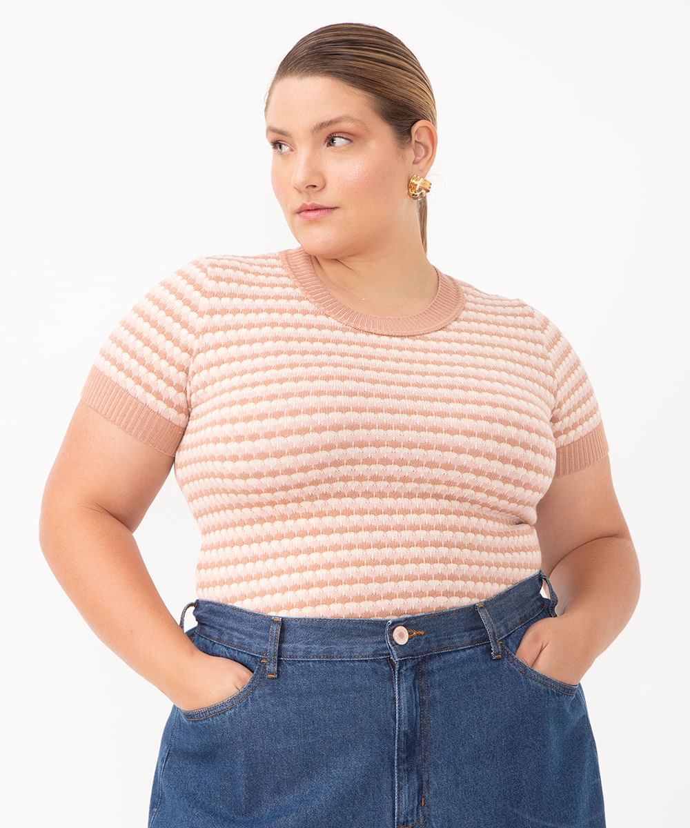 blusa de tricot texturizada plus size rosa