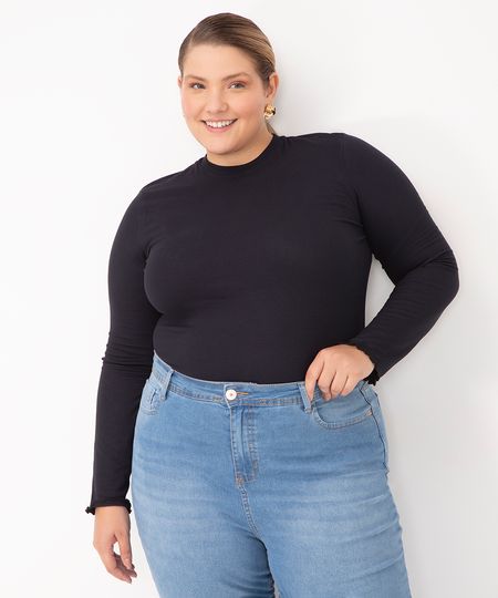 blusa de viscose canelada plus size preta GG1