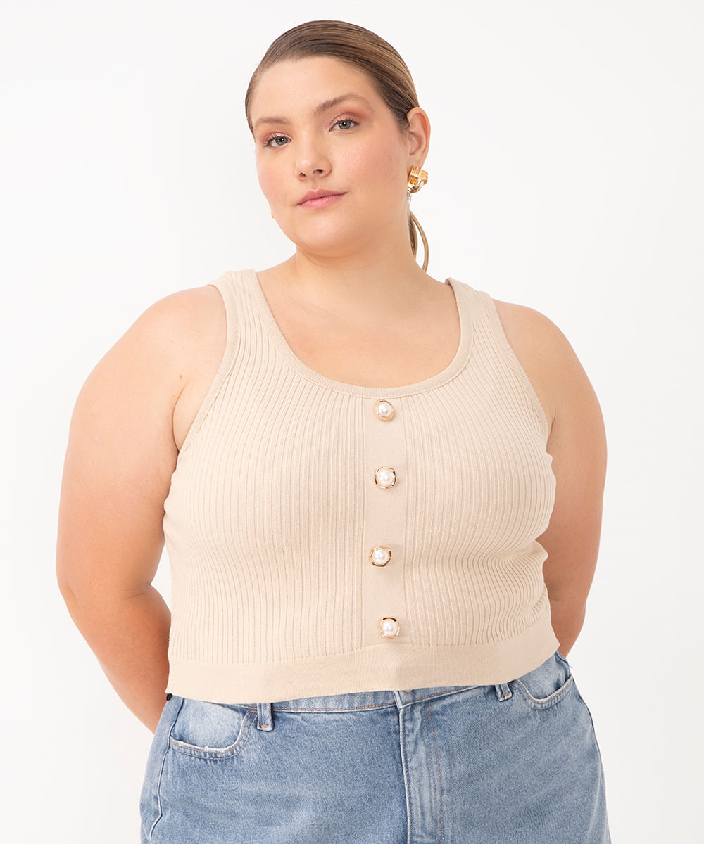 regata de tricot com botões plus size bege