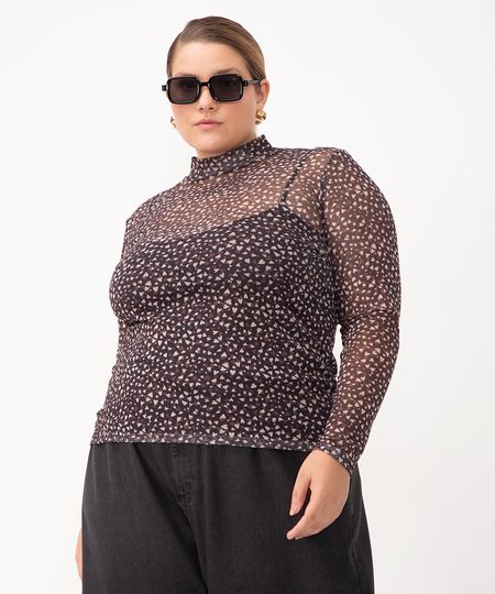 blusa de tule corações plus size gola alta preto GG3