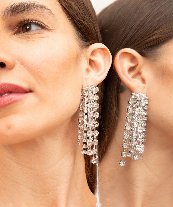 brinco alongado cascata de strass mindset prata Único