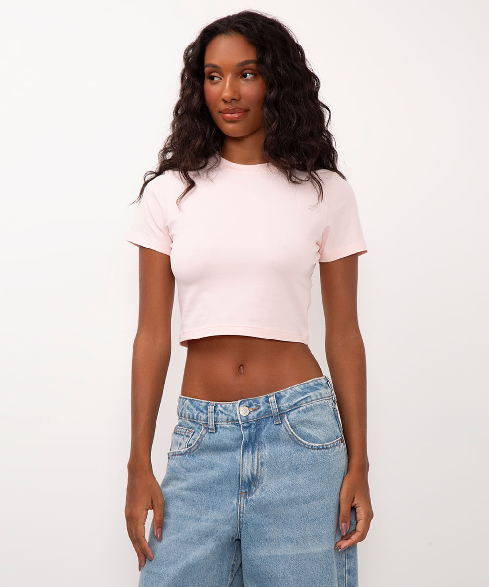 blusa básica baby look rosa