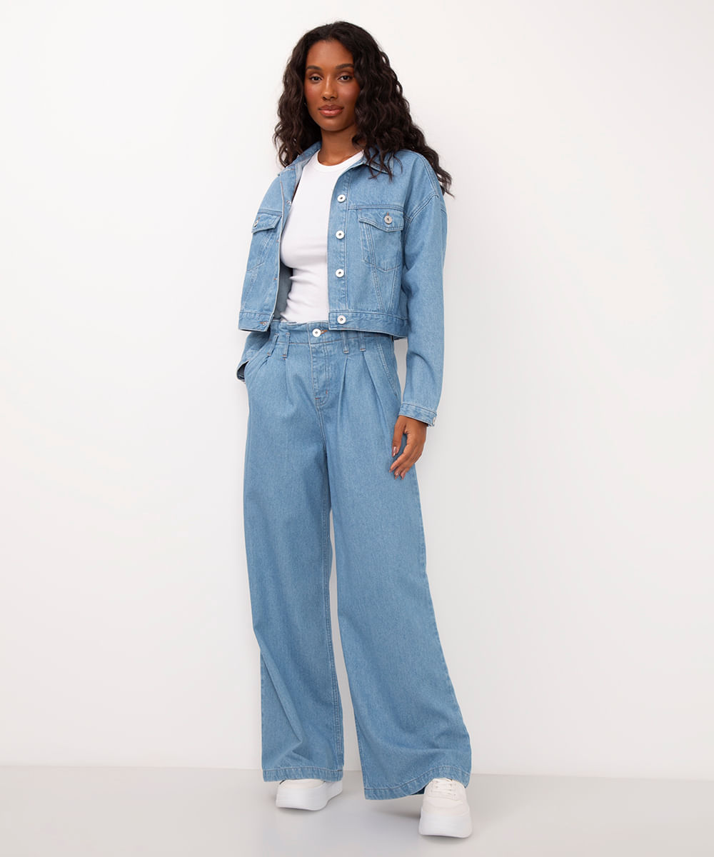 calça jeans wide leg cintura alta com pregas ciclos azul