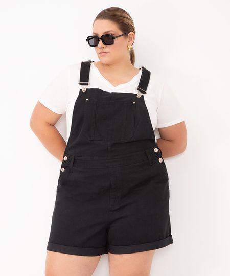 jardineira de sarja com bolsos plus size - preto 48 jardineira de sarja com bolsos plus size - preto 48