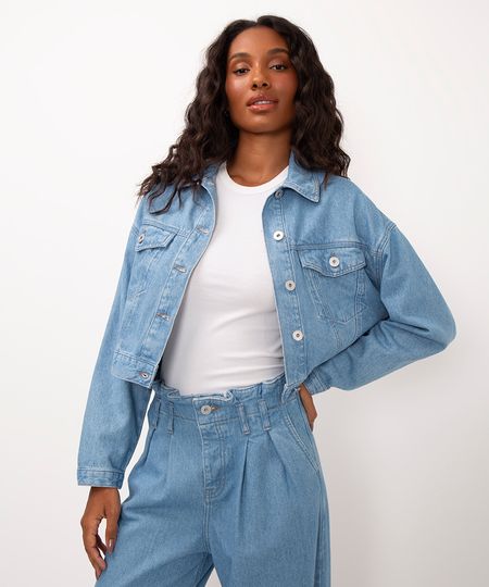 jaqueta jeans ombro deslocado ciclos azul claro G
