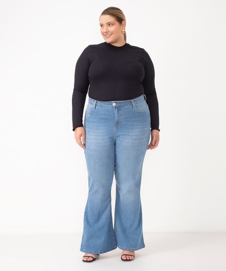 calça jeans flare cintura alta azul médio 46