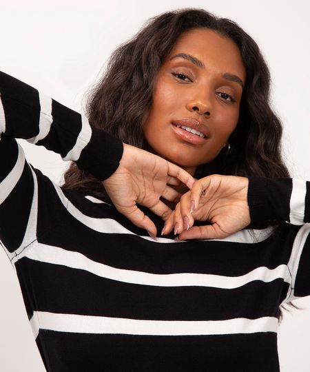 suéter de tricot básico listrado - preto P suéter de tricot básico listrado - preto P