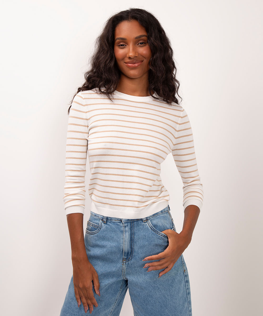 suéter de tricot básico listrado - areia