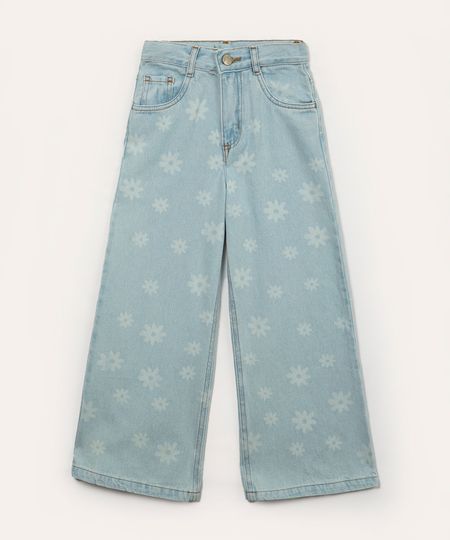 calça jeans infantil wide leg flores azul claro 6