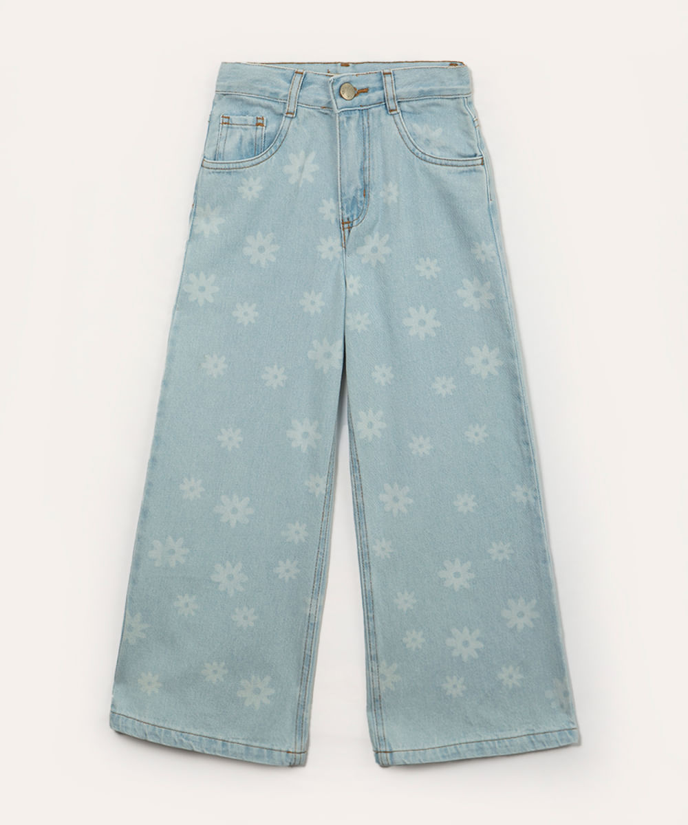 calça jeans infantil wide leg flores azul claro