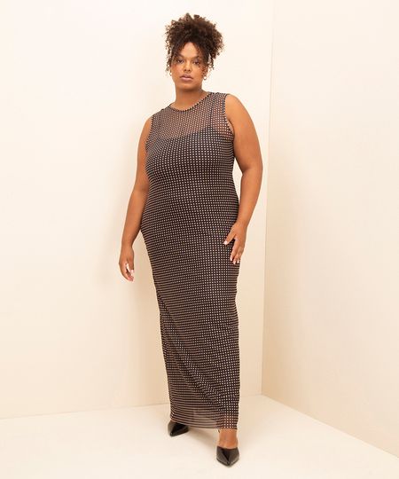 vestido longo de tule xadrez plus size mindset preto GG1