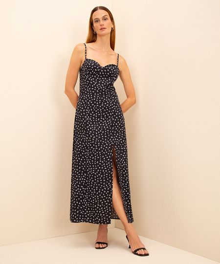 vestido midi de viscose floral com fenda mindset preto M