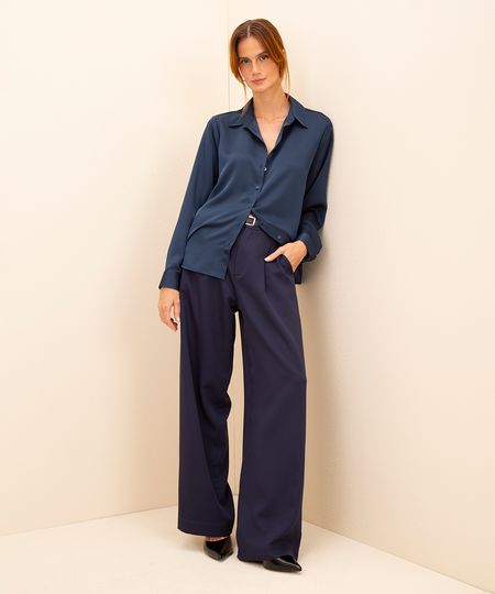 calça wide leg cintura alta com cinto mindset azul marinho 34