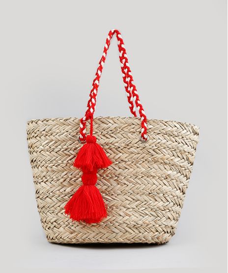 Bolsa-de-Praia-Feminina-de-Palha-com-Tassel-Bege-9198304-Bege_1