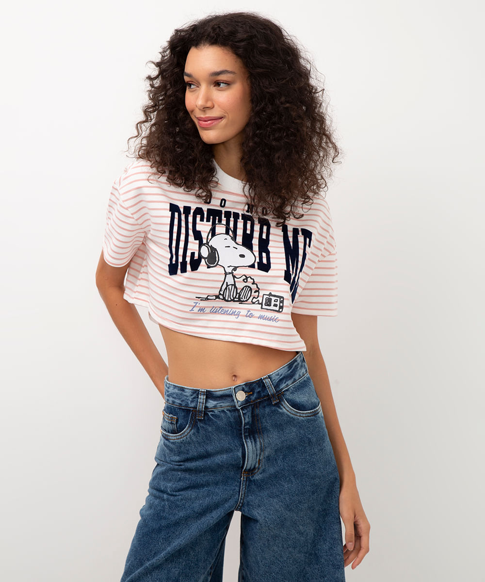 cropped de moletinho snoopy listrado off white