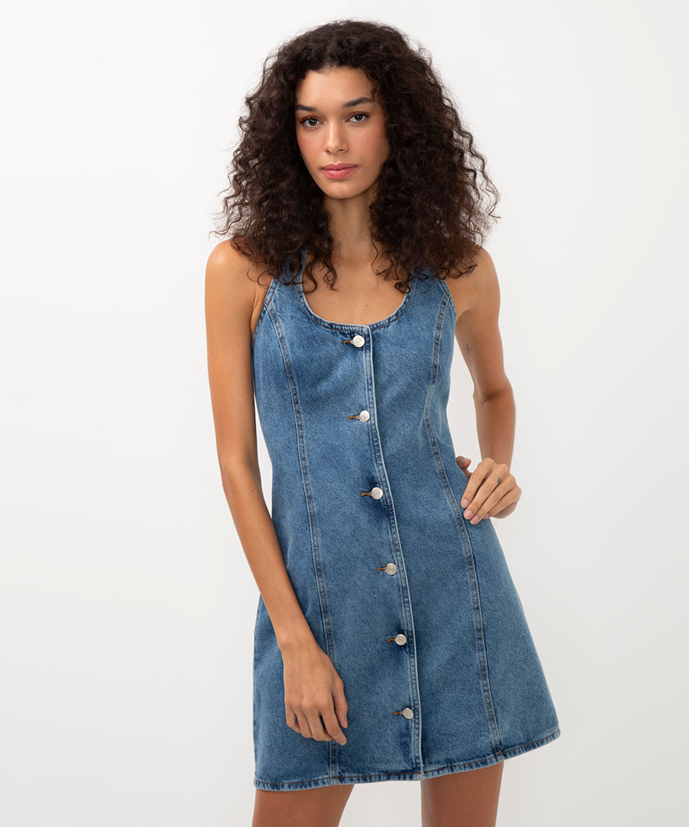 vestido jeans curto frente única azul