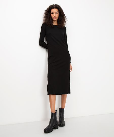vestido midi de viscose canelado manga longa preto P