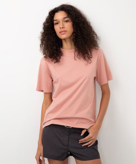 camiseta básica manga curta gola alta rosa PP
