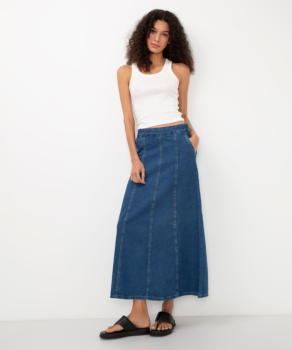 saia jeans longa com recorte cintura alta azul médio