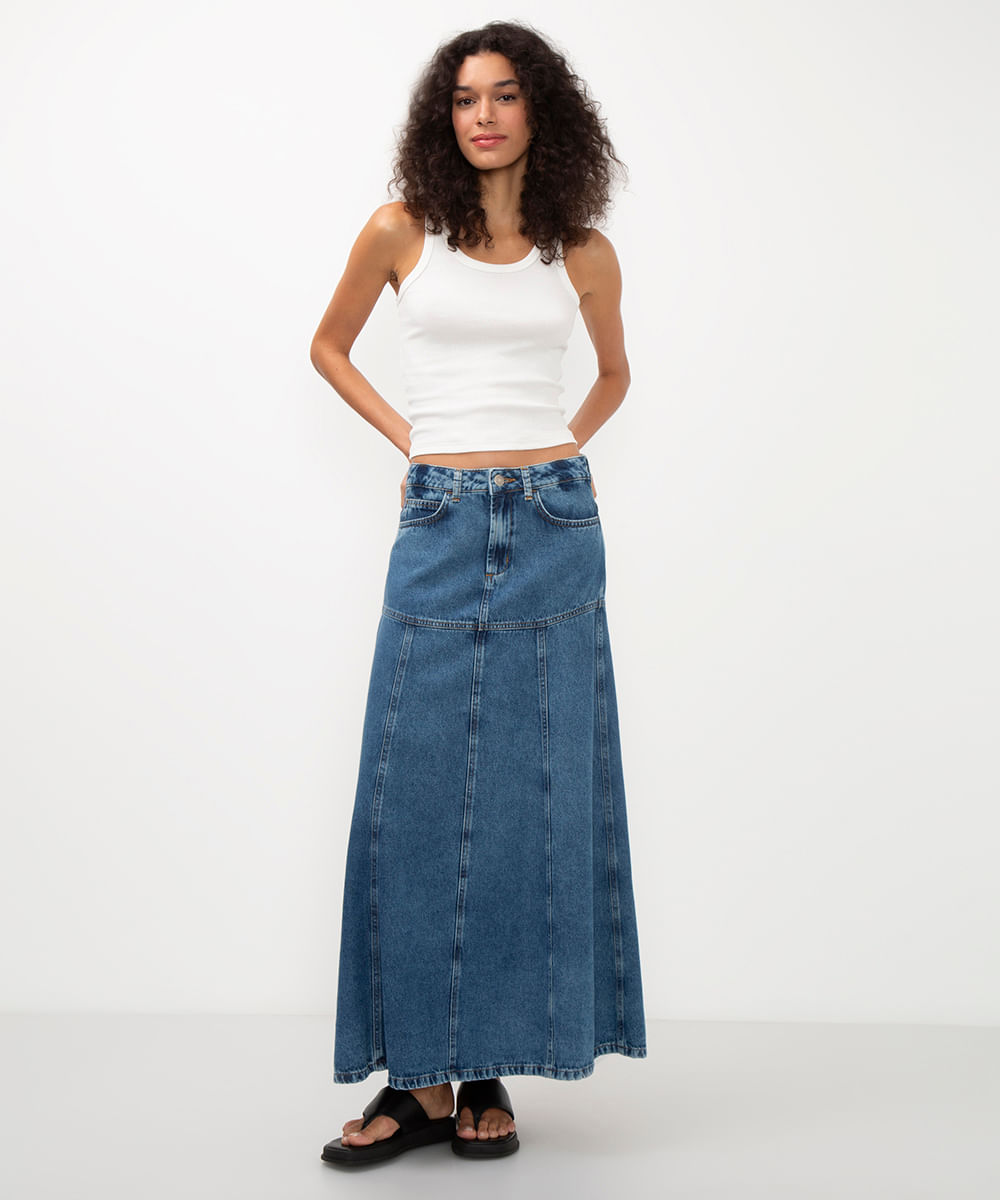 saia midi jeans azul médio