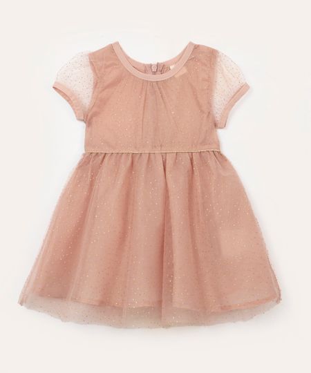 vestido infantil de tule com brilho rosa claro 9-12