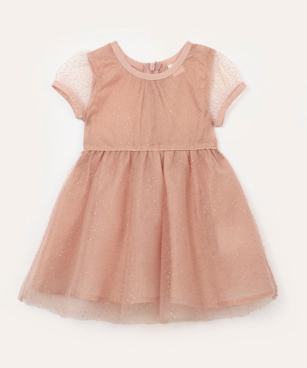 vestido infantil de tule com brilho rosa claro