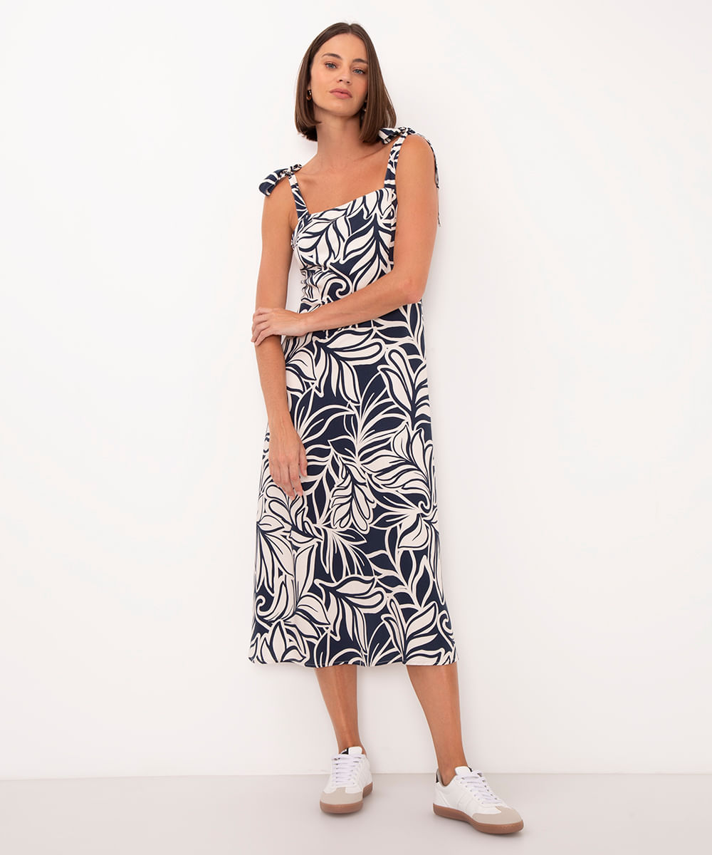 vestido midi de viscose floral com amarração azul marinho