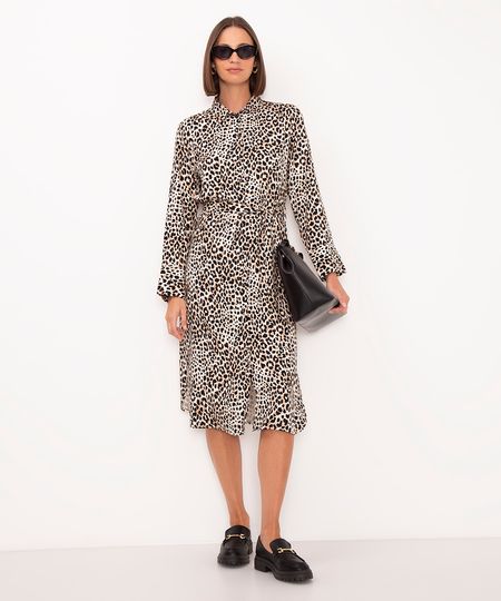 vestido chemise midi de viscose animal print bege PP