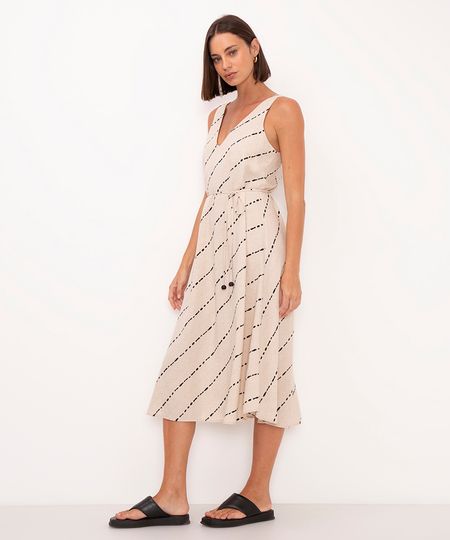vestido midi de viscose geométrico com cordão bege M
