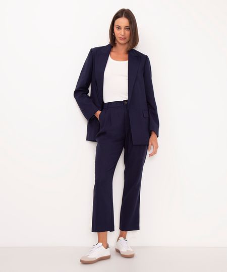 calça carrot com linho cintura alta azul 38
