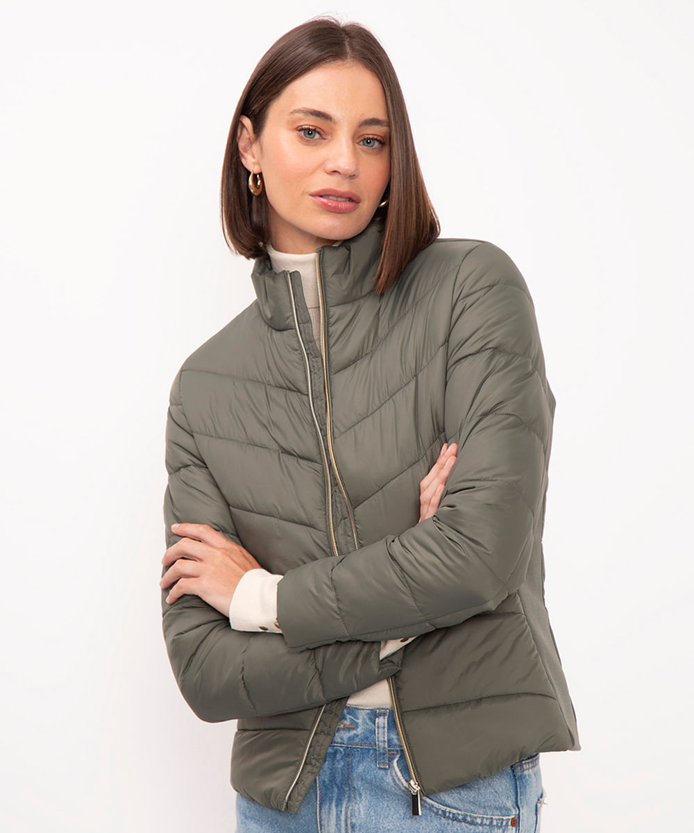 jaqueta puffer com zíper verde militar