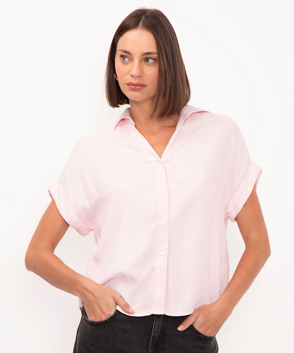 camisa de viscose manga curta rosa