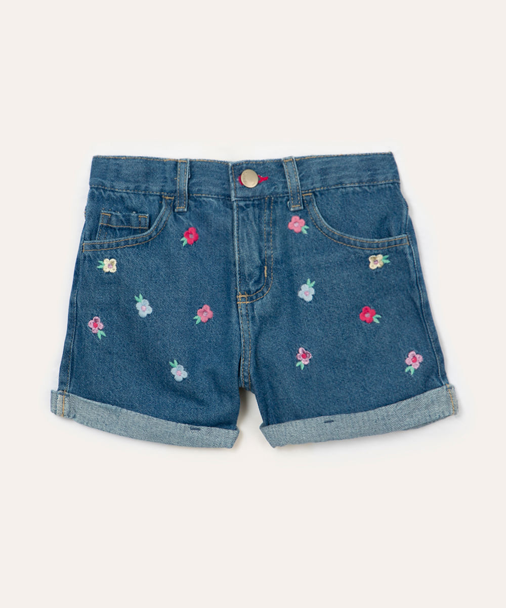 short jeans infantil floral azul