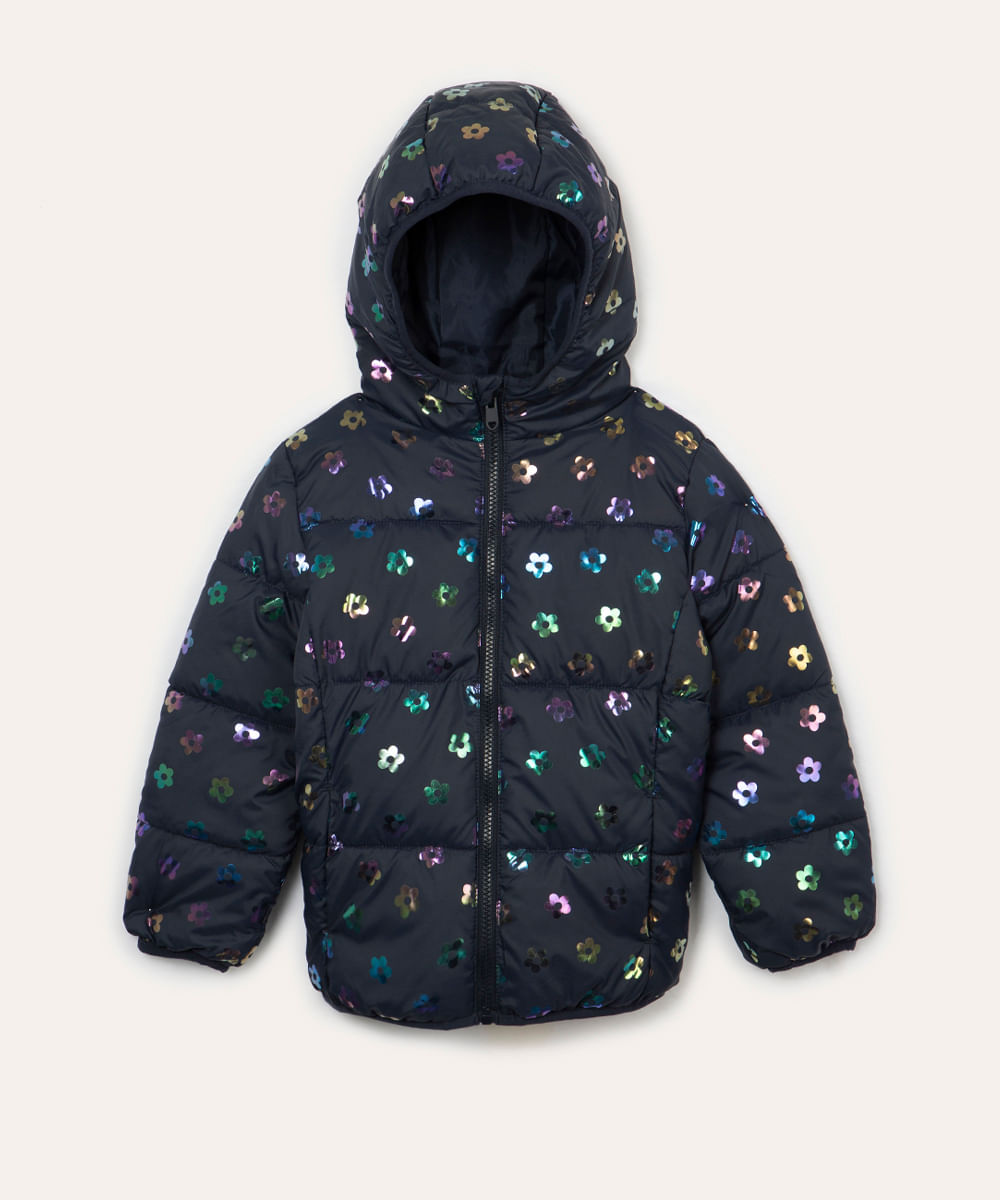 jaqueta puffer infantil floral azul