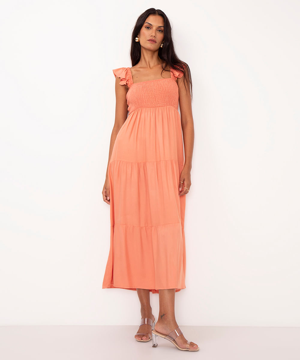 vestido midi de viscose com babado rosa