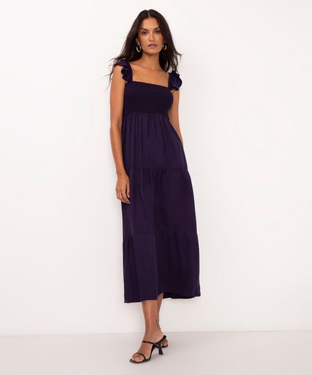 vestido midi de viscose com babado azul marinho P