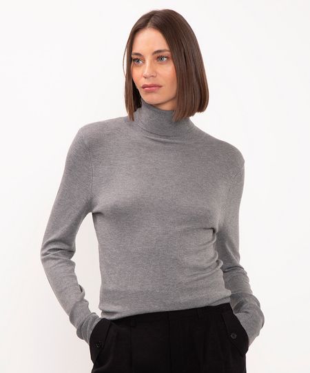 blusa gola alta manga longa botões - cinza mescla claro P
