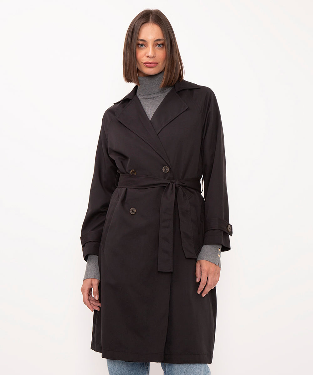 casaco trench coat com bolso preto