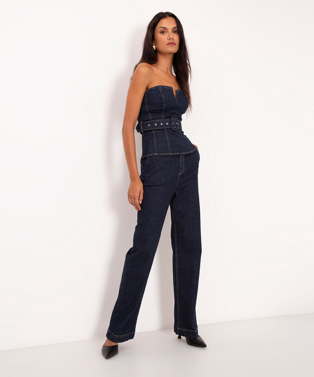 calça jeans wide leg slim cintura alta azul escuro