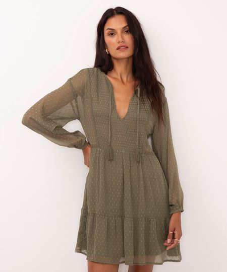 vestido curto com babado verde militar M
