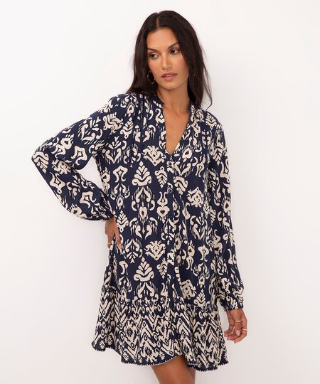 vestido curto de viscose manga bufante azul marinho PP