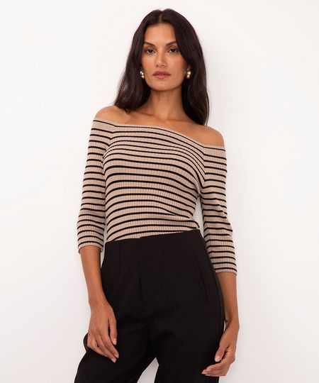 blusa de tricot listrada ombro a ombro bege PP
