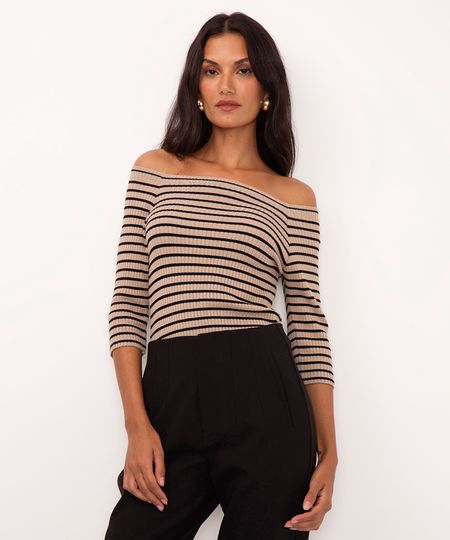 blusa de tricot listrada ombro a ombro bege P