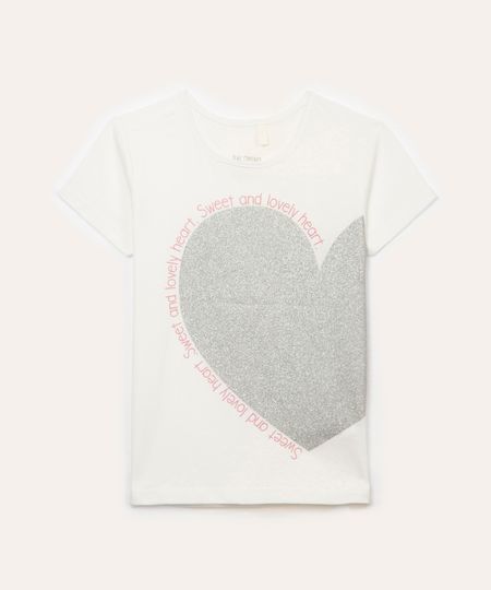camiseta de algodão infantil coração com glitter off white 4