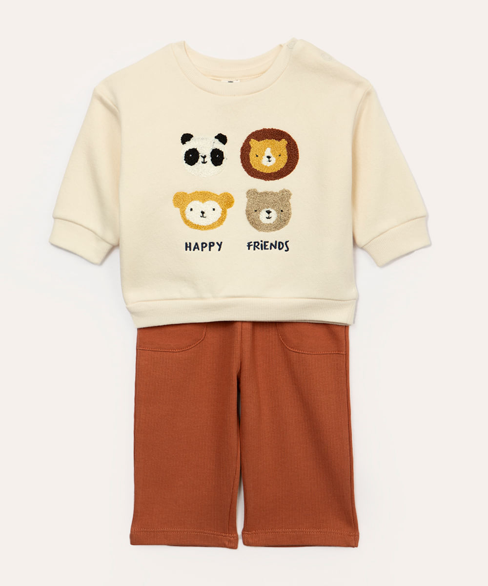 conjunto de moletom infantil animais bege claro