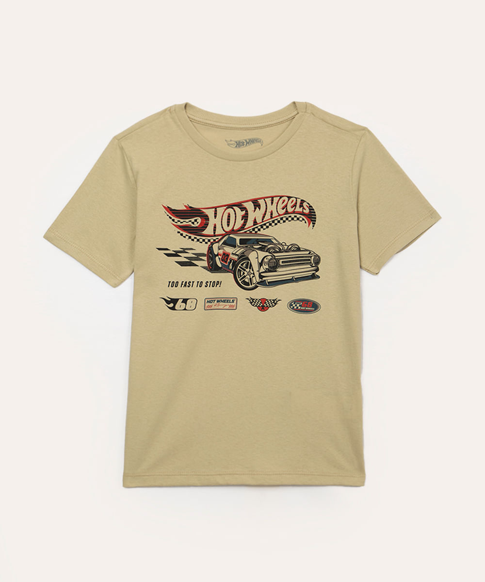 camiseta de algodão infantil manga curta hot wheels bege