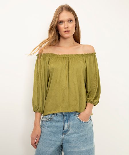 blusa ombro a ombro suede verde militar P blusa ombro a ombro suede verde militar P