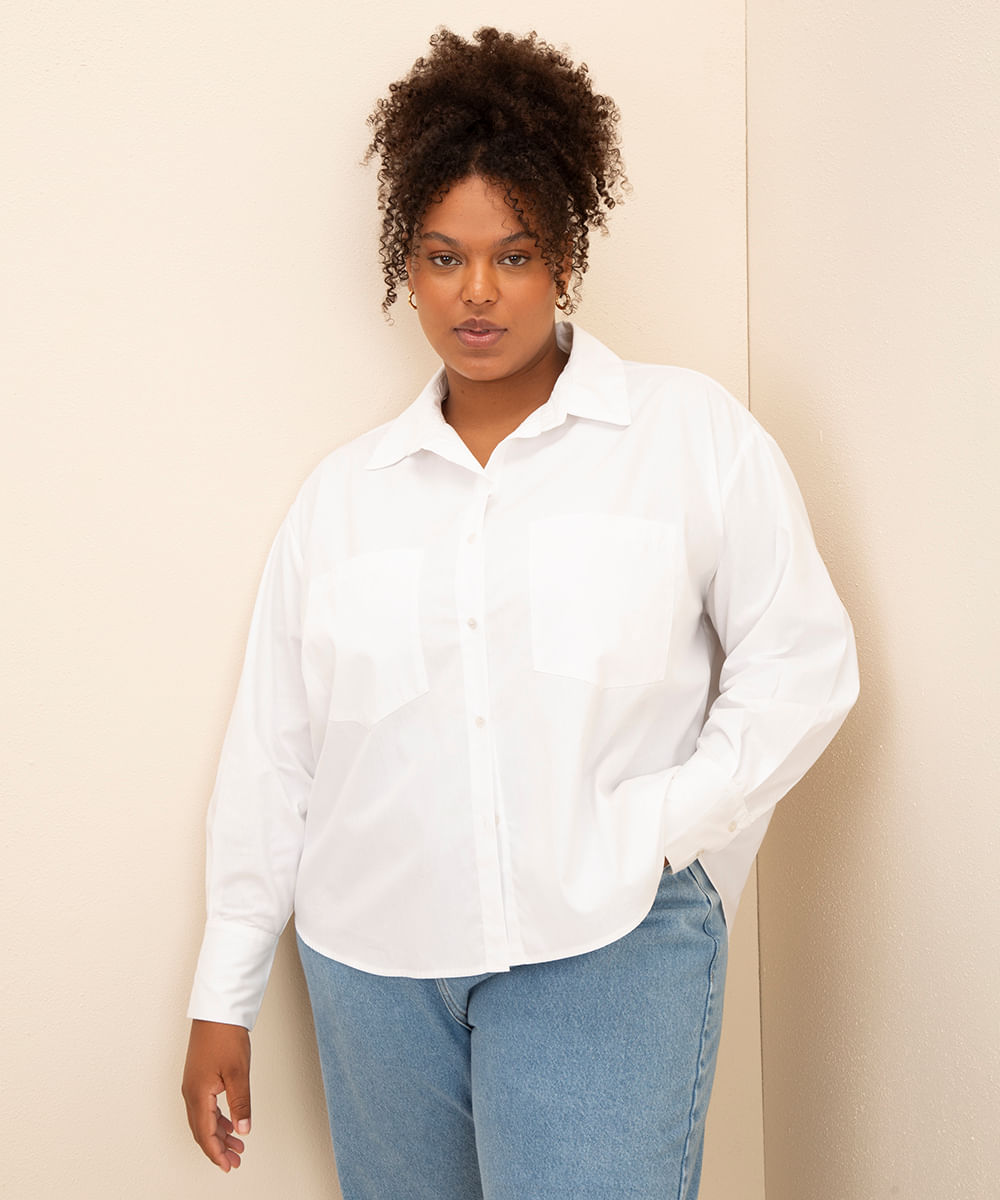 camisa de algodão plus size com bolsos mindset branco