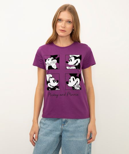 camiseta de algodão mickey e minnie mouse manga curta roxa P